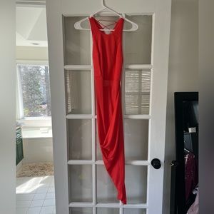 Coral, stretchy, asymmetrical dress!